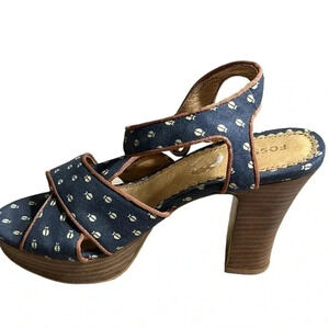 Fossil blue with ivory lady bugs , open toe,canvas heel , strappy, block heel 4”